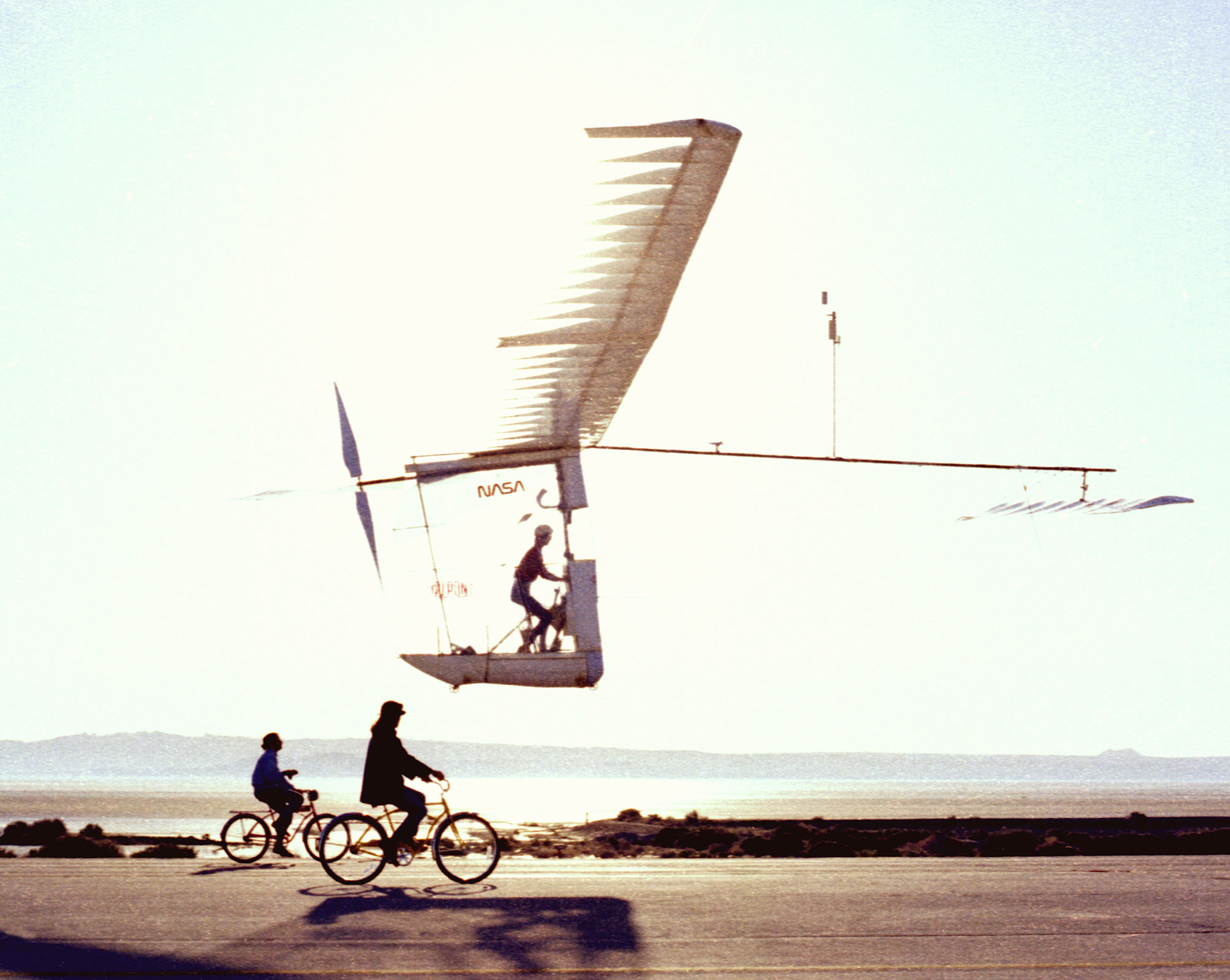 Gossamer Albatross II in flight during slow-speed research at NASA Dryden Flight Research Center, Edwards, California, 20 March 1980